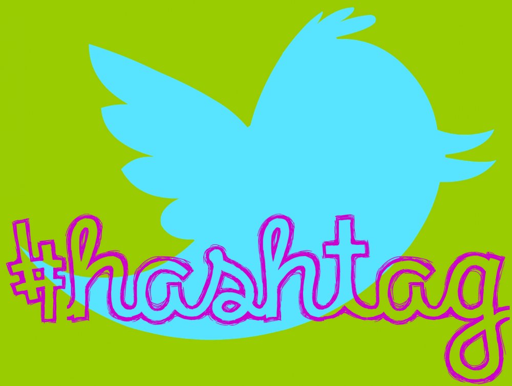 twitter logo with "#hashtag" written in fancy font in front of it