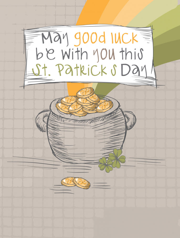 May good luck be with you this st. patrick's day illustration of pot of gold with orange and green rainbow