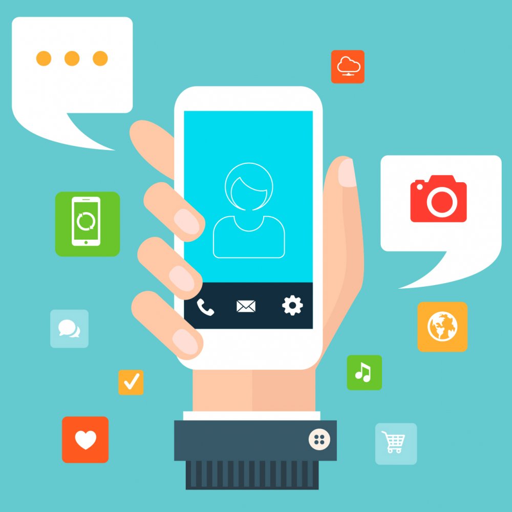 vector art of hand with cellphone surrounded by content