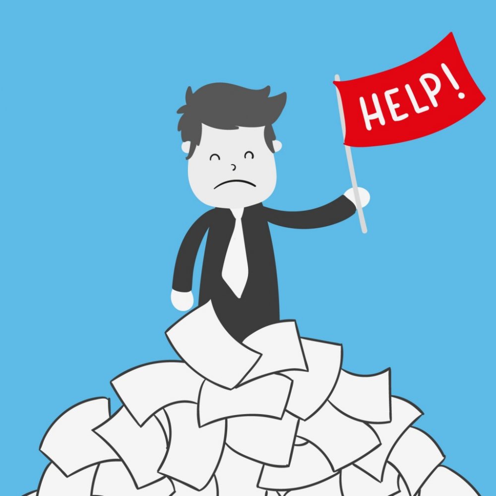 illustration of sad man on top of pile of papers holding sign that says "HELP!"