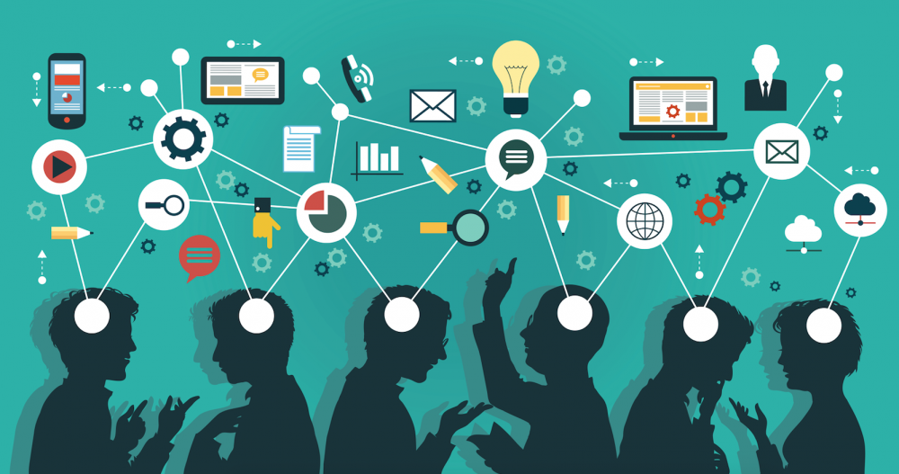 Vector concept, ideas connected by digital tools online on the internet