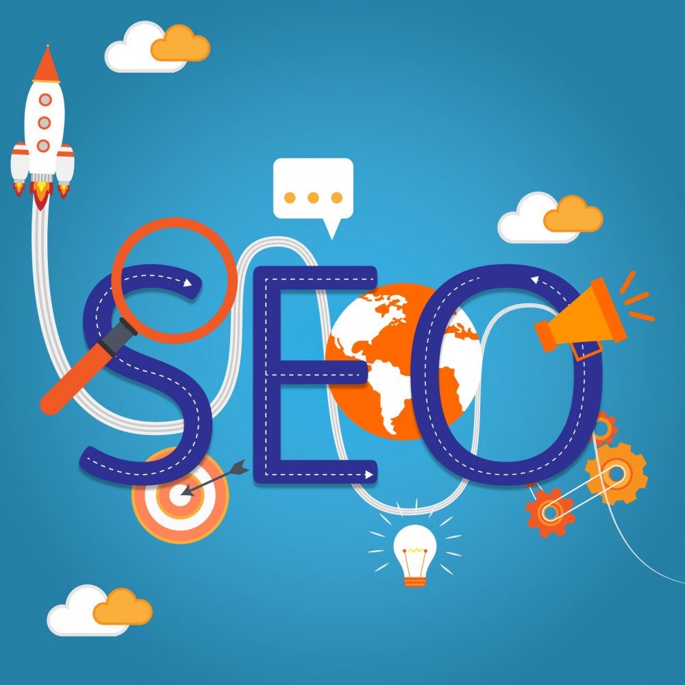 SEO vector concept with rocket ship and earth