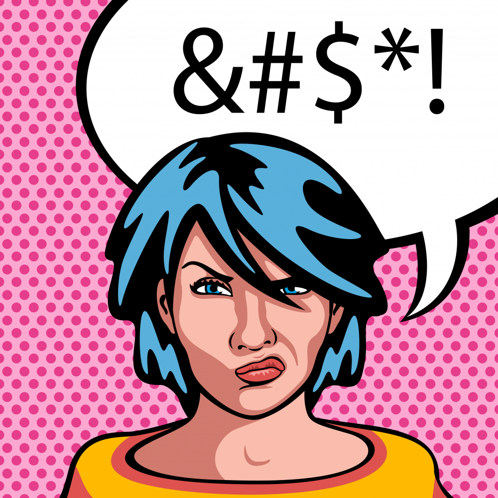 Comic book style angry woman with word bubble