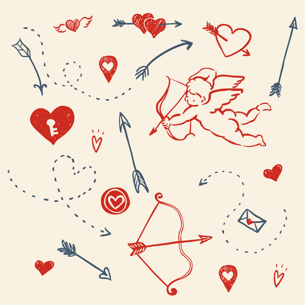 Love concept, illustration of Cupid shooting arrows surrounded by heart shapes, arrows and love letters