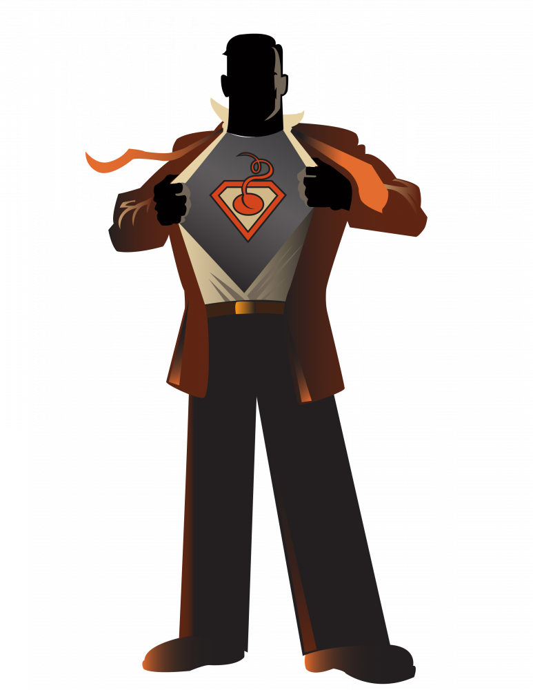 business man opening shirt to reveal super hero bean team logo