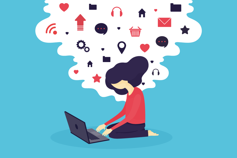 artistic illustration of woman surrounded by thoughts represented by digital icons