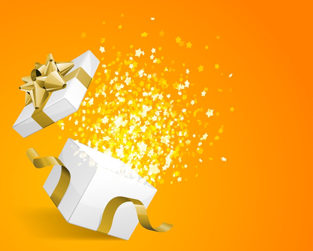 illustration of white box with gold packaging exploding open with twinkling magical stars