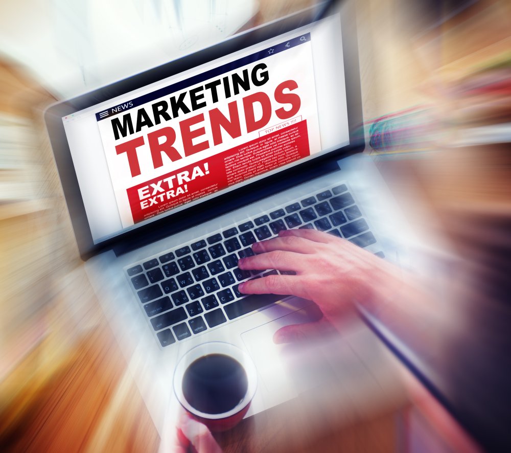 Dramatic image of Marketing Trends headline on laptop, tunnel vision