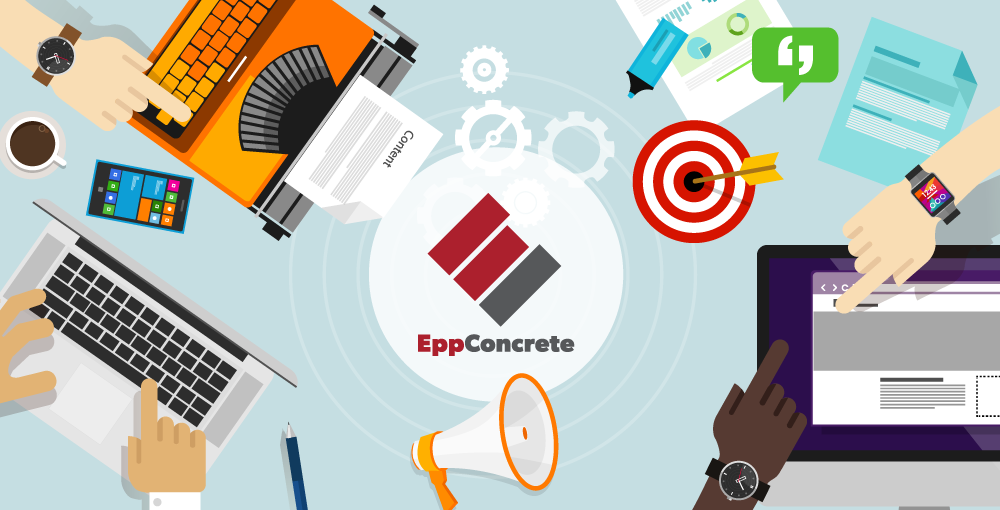 Epp Concrete logo amongst illustration of laptops, tablets, smartphones and various digital icons