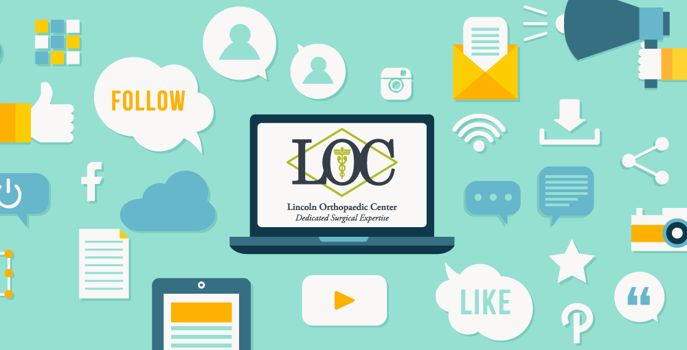 Lincoln Orthopaedic Center logo on laptop in front of illustrations of various social and digital icons