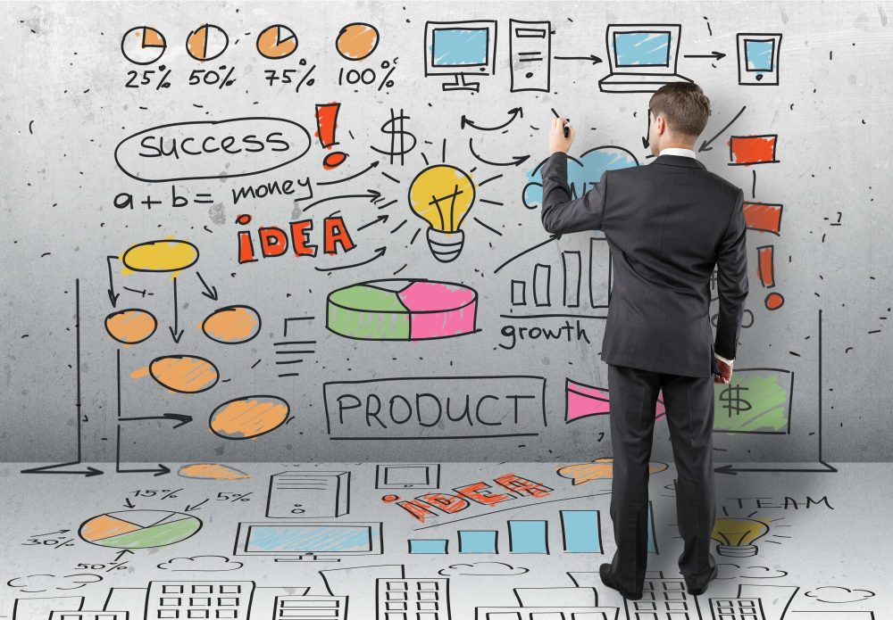 business man doing flowchart on wall on how to achieve business success