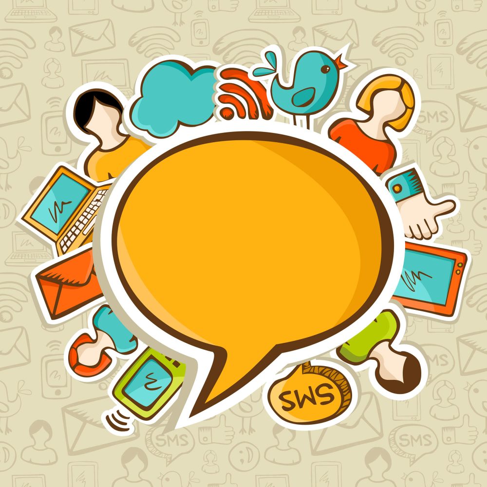 graphic of wordbubble surrounded by social media themed images, birds, thumbs up icons, envelopes, etc.