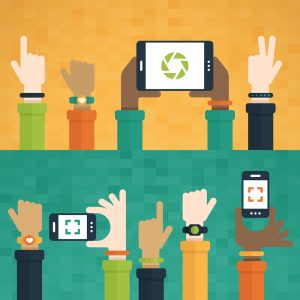 Flat design with millennial generation hands raised holding mobile devices and wearing technology products.