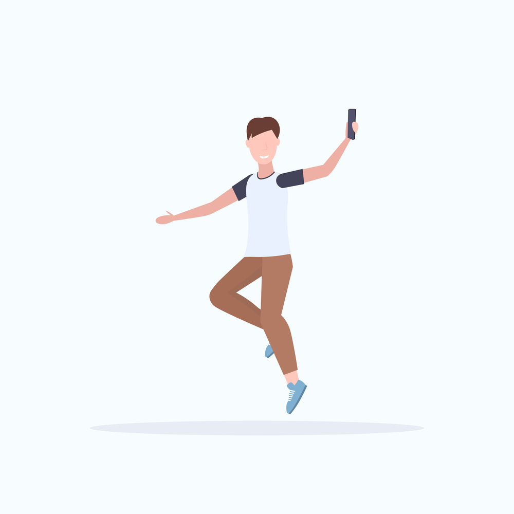 man taking selfie photo on smartphone camera casual male cartoon character jumping posing white background flat full length
