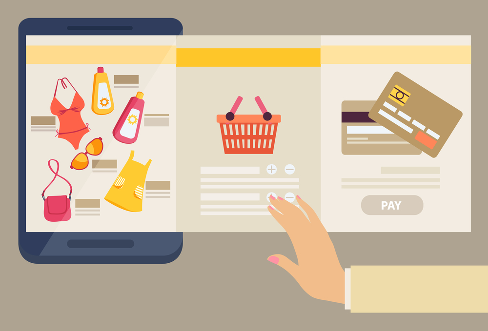 Woman selecting clothes to purchase online with three screens showing the selection of merchandise available, a shopping basket and payment by credit card in an e-commerce concept, vector illustration